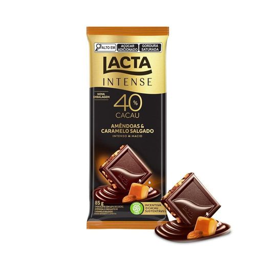 Chocolate Lacta Intense meio amargo 40% cacau Amêndoas e Caramelo Salgado 85g