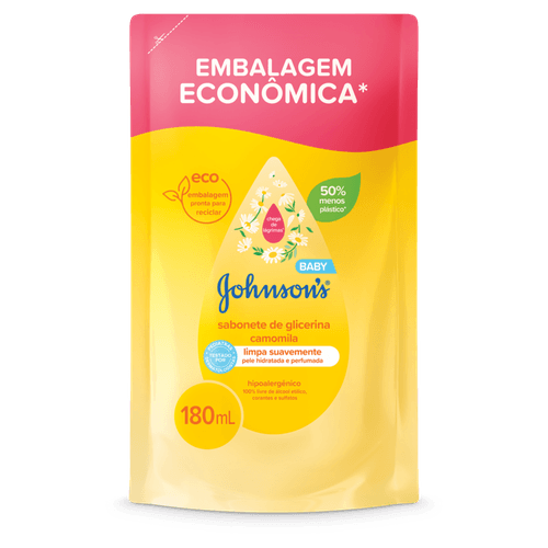 Sabonete Líquido de Glicerina da Cabeça aos Pés Camomila Johnson's Baby Sachê 180ml Embalagem Econômica