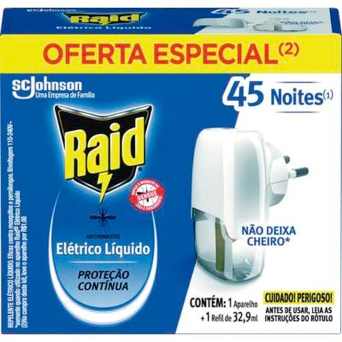 Repelente Elétrico Líquido Raid 45 Noites Aparelho e Refil de 32,9ml Oferta Especial