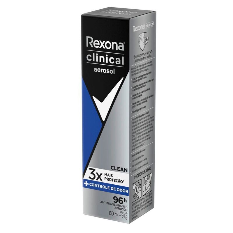 Antitranspirante-Aerossol-Clean-96h-Rexona-Clinical-Men-150ml-Spray