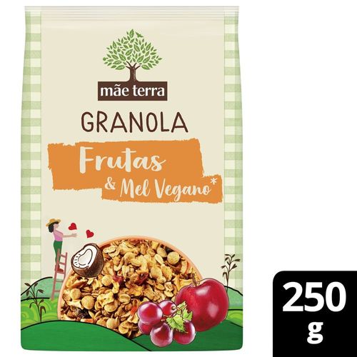 Granola Mistura de Flocos de Cereais Integrais, Sementes Chia, Linhaça e Gergelim, Frutas, Mel Vegano Melado de Cana Mãe Terra Pacote 250g