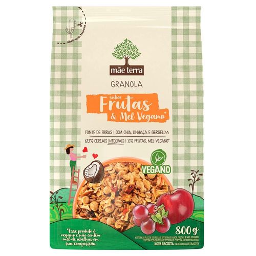 Granola Mistura de Flocos de Cereais Integrais, Sementes Chia, Linhaça e Gergelim, Frutas, Mel Vegano Melado de Cana Mãe Terra Pacote 800g