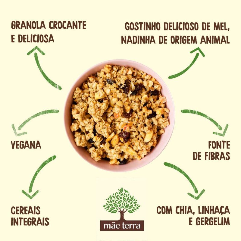 Granola-Mistura-de-Flocos-de-Cereais-Integrais-Sementes-Chia-Linhaca-e-Gergelim-Frutas-Mel-Vegano-Melado-de-Cana-Mae-Terra-Pacote-800g