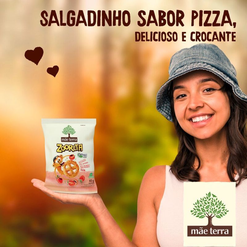 Salgadinho-de-Milho-e-Arroz-75--Integral-Assado-Organico-Pizza-Mae-Terra-Zooreta-Pacote-45g