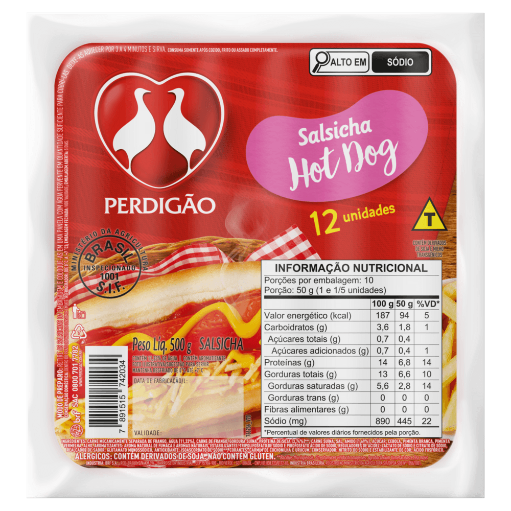 Salsicha Hot-Dog Perdigão 500g Pacote com 12 Unidades