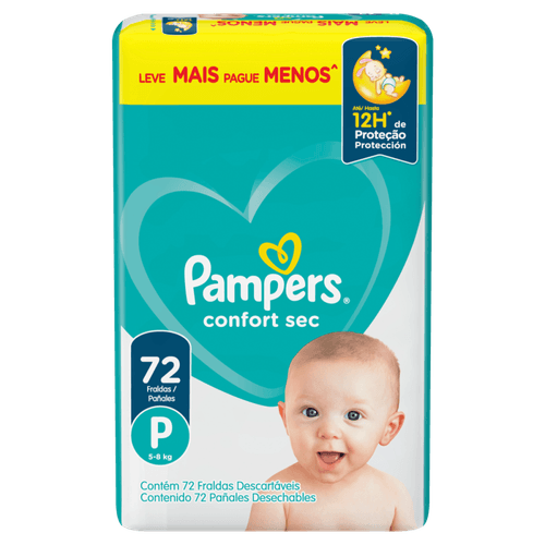 Fralda Descartável Infantil Pampers Confort Sec P 5 a 8kg Pacote 72 Unidades Leve Mais Pague Menos