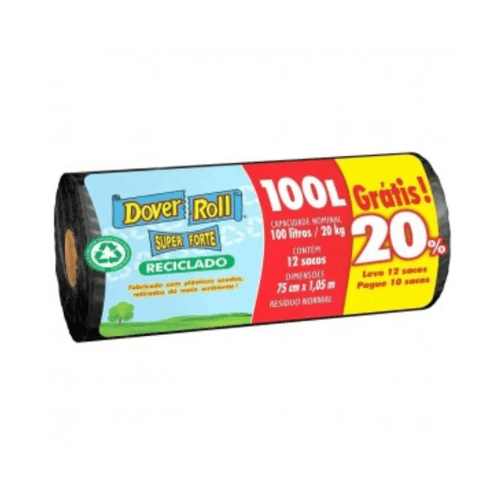 Sacos para Lixo em Rolo Preto Super Forte Reciclado Dover-Roll 100 Litros 12 unidades Embalagem Promocional