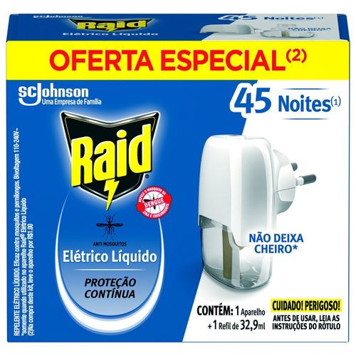 Repelente Elétrico Líquido Raid 45 Noites Aparelho e Refil de 32,9ml Oferta Especial