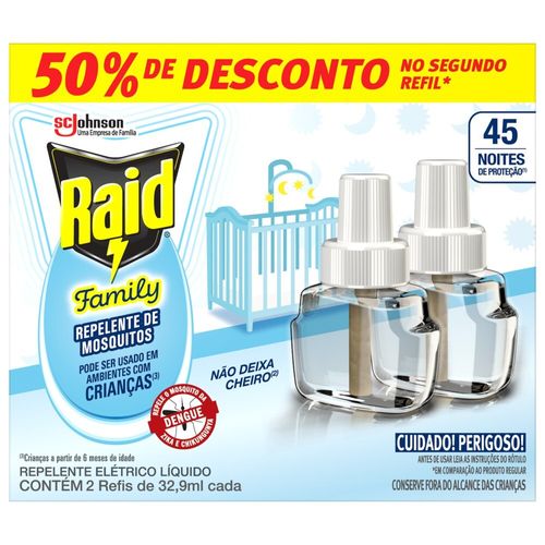 Repelente Líquido Elétrico 45 Noites sem Perfume Raid Family Caixa 2 Unidades 32,9ml Cada Grátis 50% de Desconto no Segundo Refil