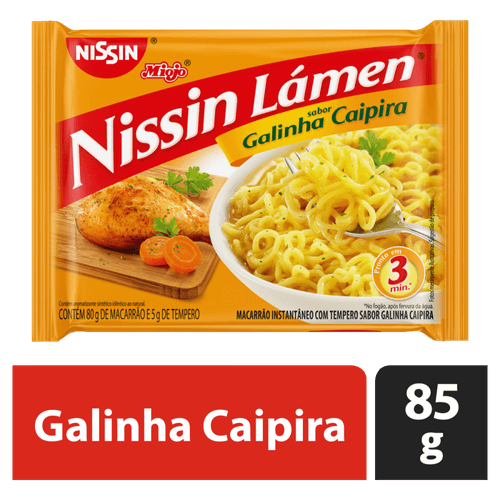 Macarrão Instantâneo Lámen com Tempero de Galinha Caipira Nissin Miojo Pacote 85g Sendo 80g de Macarrão e 5g de Tempero