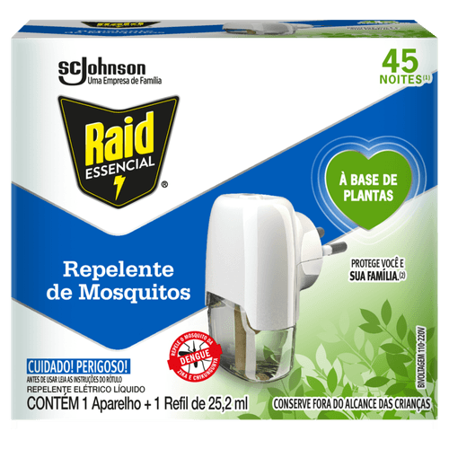KIT APARELHO ELÉTRICO + REFIL REPELENTE DE MOSQUITOS LÍQUIDO 45 NOITES À BASE DE PLANTAS RAID ESSENCIAL 25,2ML