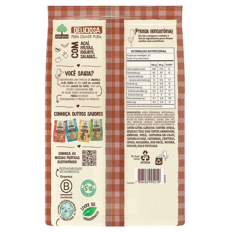Granola-Mistura-de-Flocos-de-Cereais-Integrais-Sementes-Chia-Linhaca-Gergelim-e-Cacau-Mae-Terra-Pacote-800g