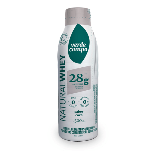Iogurte Desnatado 28g de Proteínas Coco Zero Lactose para Dietas com Restrição de Lactose sem Adição de Açúcar Verde Campo Natural Whey Garrafa 500g