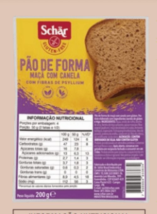 Pão de Forma Maçã com Canela  com Fibra de Psyllium sem Glúten Zero Lactose Schär Pacote 200g