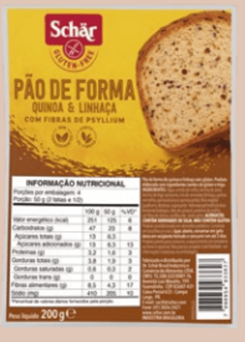 Pão de Forma Quinoa e Linhaça com Fibra de Psyllium sem Glúten Zero Lactose Schär Pacote 200g