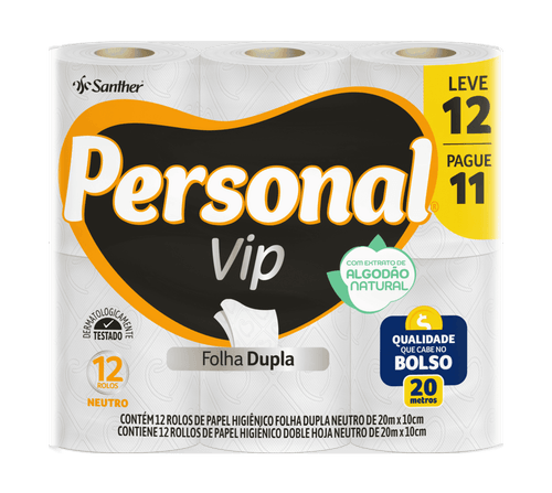 Papel Higiênico Personal Vip Folha Dupla com 12 rolos de 20 metros