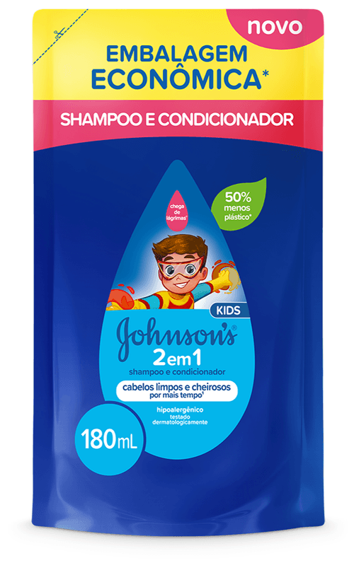 SHAMPOO CONDICIONADOR INFANTIL JOHNSON 2EM1 180ML-REFIL HIPOALERGENICO CABELOS LIMPOS E CHEIROSOS POR MAIS TEMPO EMBALAGEM ECONOMICA 50% MENOS PLASTIC