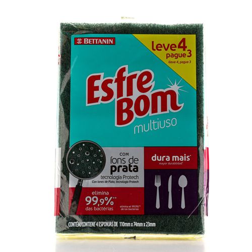 Esponja Multiuso com Íons de Prata Esfrebom 3 Unidades Embalagem Econômica