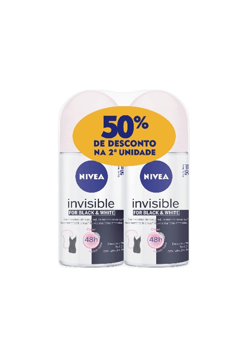 antitranspirante roll-on invisible black & white clear nivea 2 unidades 50ml cada grátis 50% de desconto na 2ª unidade