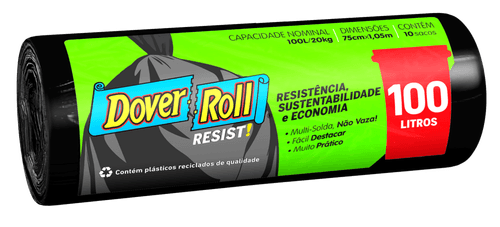 Sacos para Lixo em Rolo Preto Super Forte Reciclado Dover-Roll 100 Litros 12 unidades Embalagem Promocional