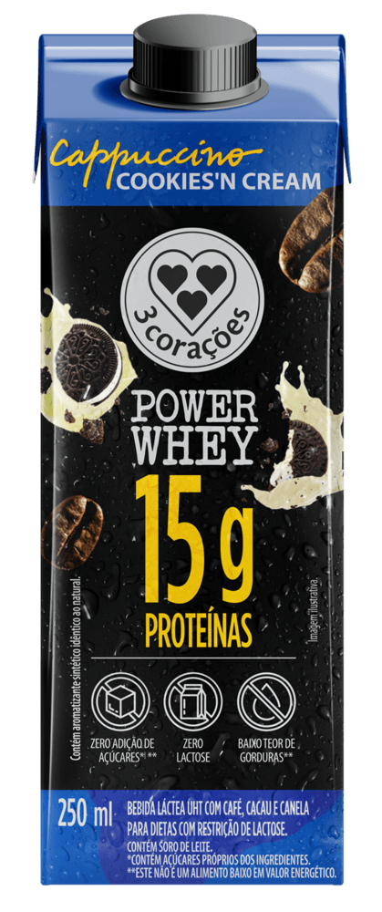 Bebida Láctea Cappuccino Power Whey 15g Cookies'n Cream 3 Corações 250ml