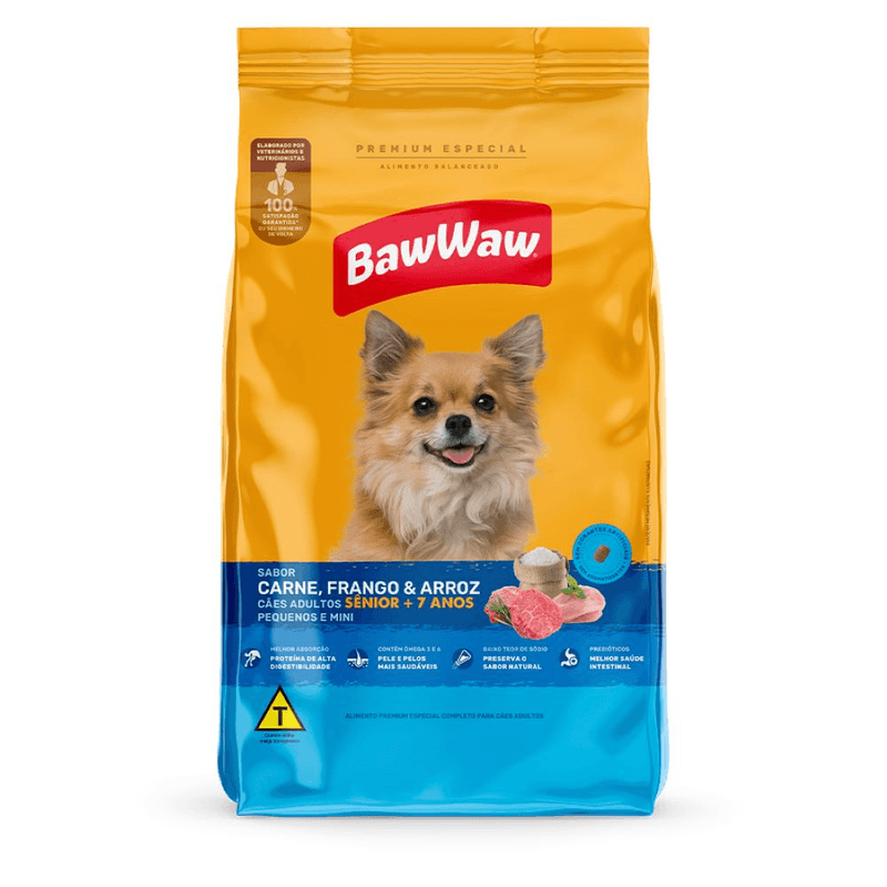 Racao-para-Caes-Baw-Waw-Adultos-Senior--7-Anos-Racas-Pequenas-e-Minis-Carne-Frango-e-Arroz-900g