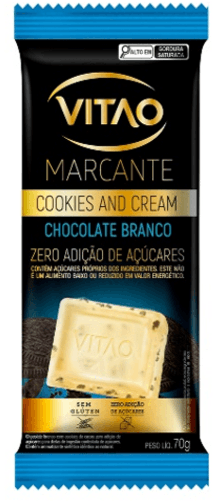 Chocolate Branco com Cookies and Cream Cacau sem Adição de Açúcar para Dietas de Ingestão Controlada de Açúcares Vitao Marcante Pacote 70g