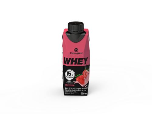 Bebida Láctea UHT com Polpa de Morango Zero Lactose para Dietas com Restrição de Lactose 15g Proteínas Piracanjuba Whey Caixa 250ml