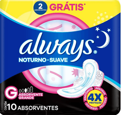 Absorvente com Abas Suave Always Noturno G Pacote 10 Unidades Grátis 2 Absorventes