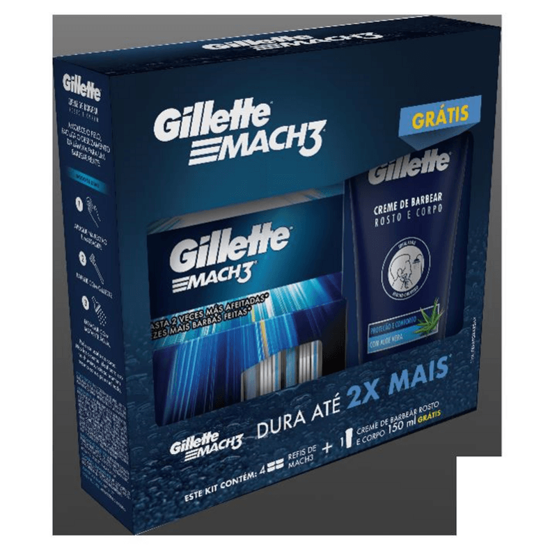 Kit-4-Cargas-de-Aparelho-para-Barbear-Gillette-Mach3-Gratis-Creme-de-Barbear-Rosto-e-Corpo-com-Aloe-Vera-e-Aplicacao-Semitransparente-Gillette-150ml