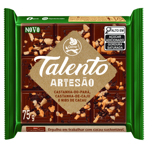 Chocolate Talento Artesão Castanha de Caju, Castanha do Pará e Nibs de Cacau 75g