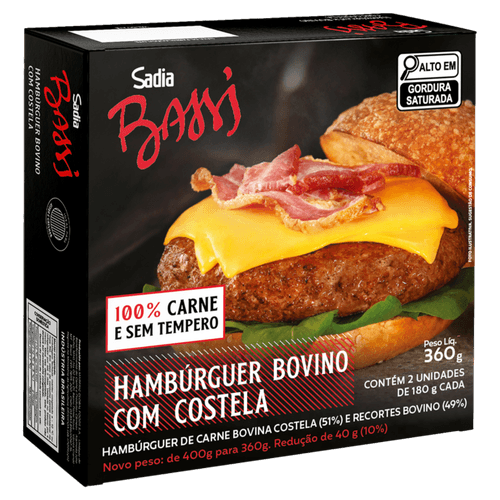 Hamburguer 100% Bovino Costela Sadia Bassi 360g
