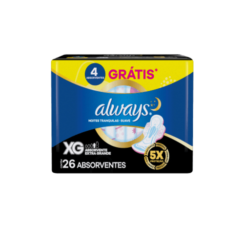 Absorvente com Abas Suave Always Noites Tranquilas XG Pacote 26 Unidades Grátis 4 Absorventes