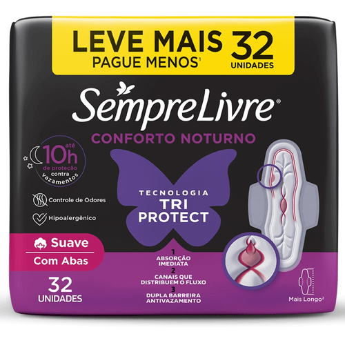 Absorvente com Abas Suave Sempre Livre Conforto Noturno Pacote 32 Unidades Leve Mais Pague Menos