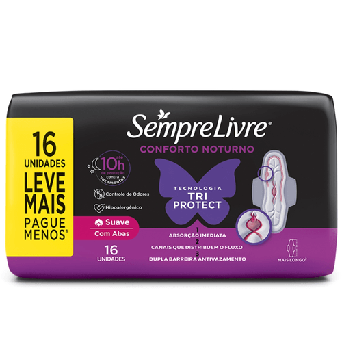 Absorvente Sempre Livre Noturno Suave com Abas 16 Unidades Leve Mais Pague Menos