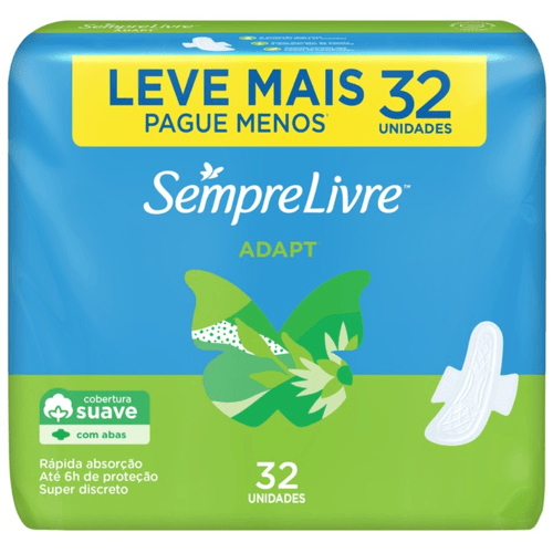 Absorvente com Abas Suave Sempre Livre Adapt Pacote 32 Unidades Leve Mais Pague Menos