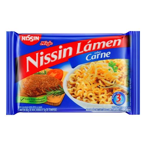 Macarrão Instantâneo Lámen com Tempero de Carne Nissin Miojo Pacote 85g Sendo 80g de Macarrão e 5g de Tempero