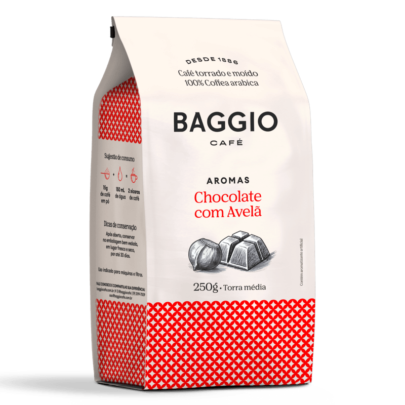 Cafe-Aromatizado-Torrado-e-Moido-Chocolate-com-Avela-100--Arabica-Baggio-Pacote-250g