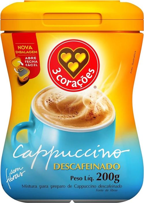 Cappuccino Solúvel Descafeinado 3 Corações Pote 200g